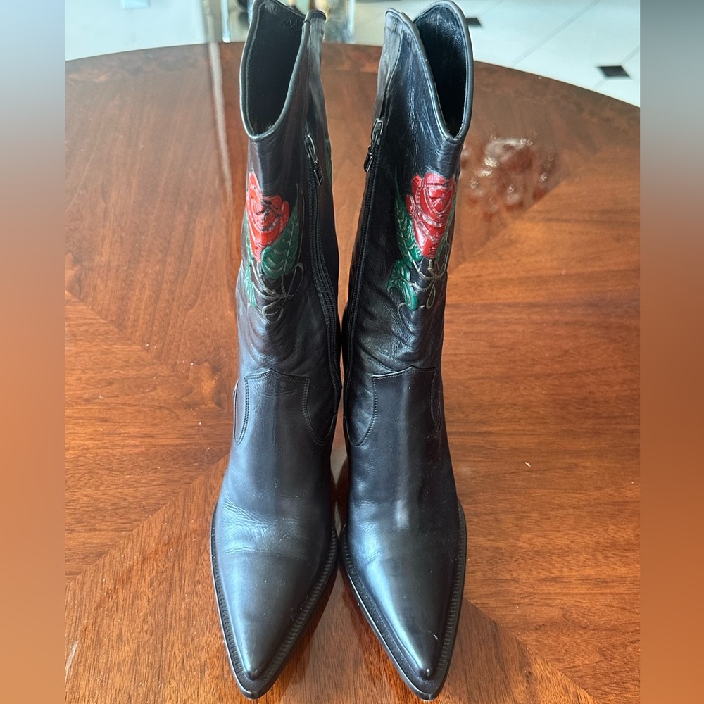 Black Leather Boots with Red Rose Embroidery